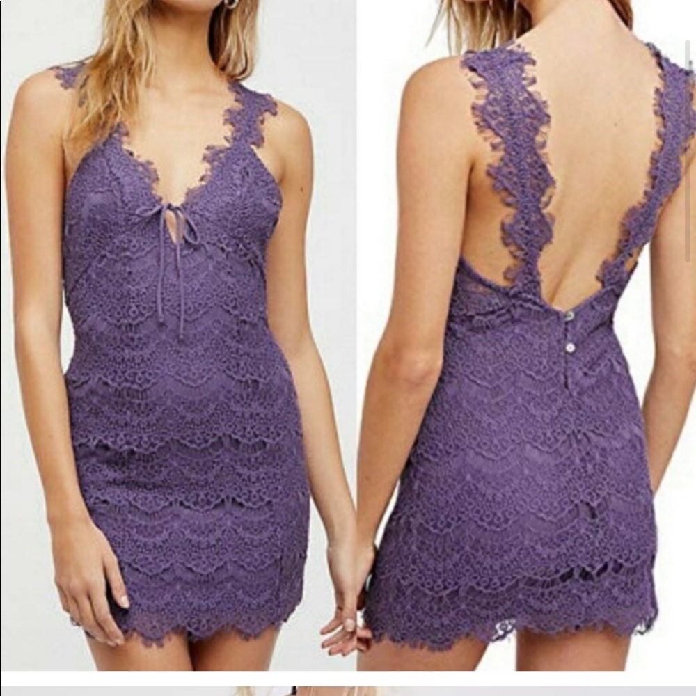 Free People Night Moves Lace Slip Mini Dress in Violet Purple